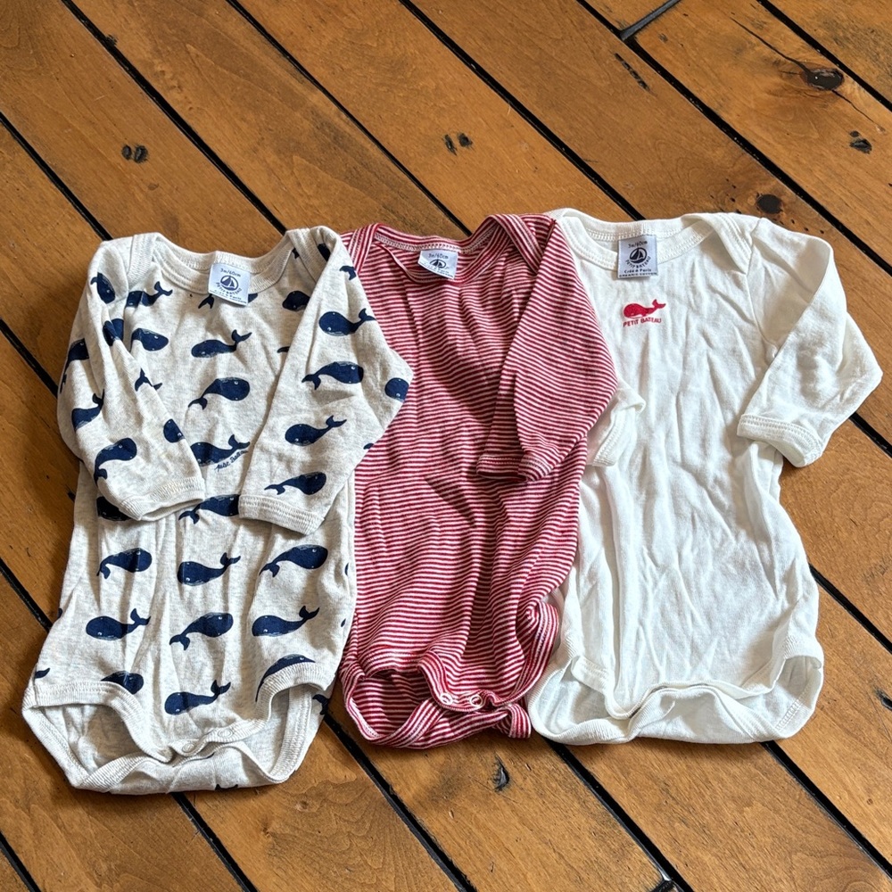 Petit Bateau Baby Bodysuits Trio in 3 month - Whale Print, Red Stripe & White